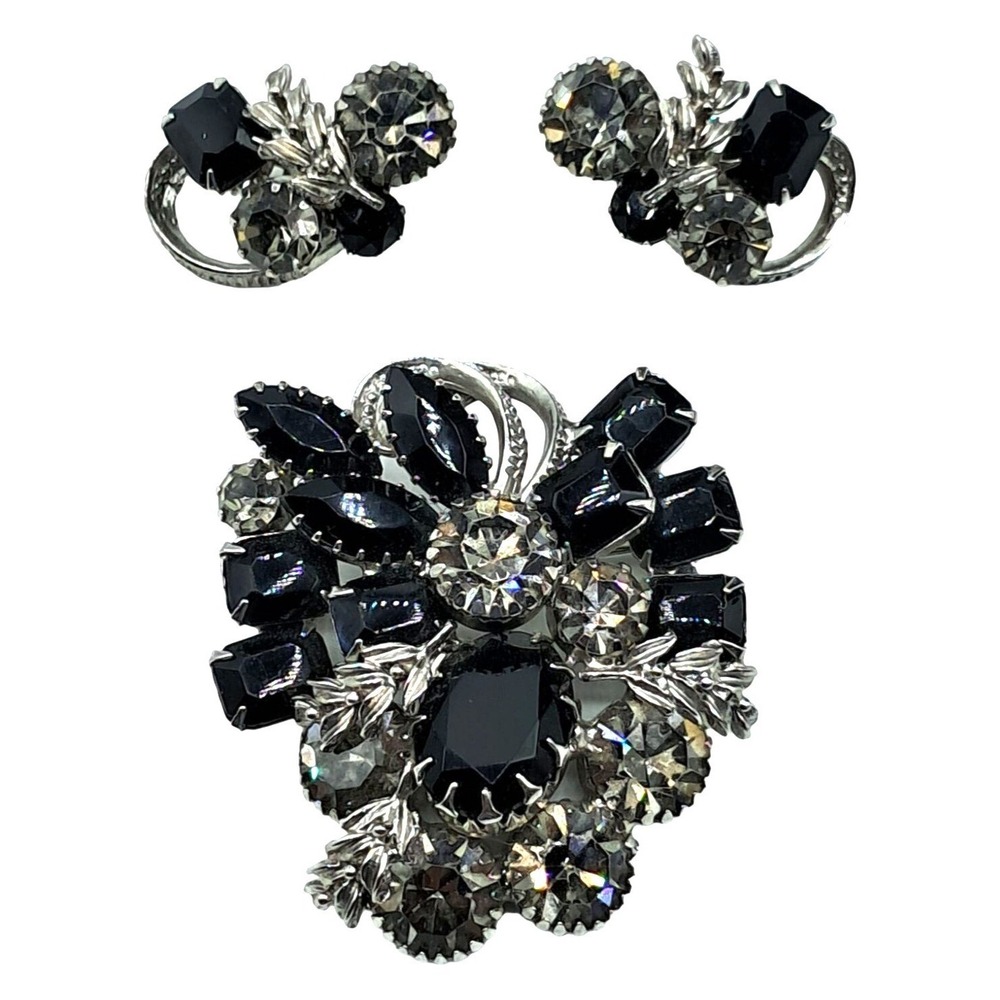 Vintage Rhinestone Brooch Earrings Set Black‎ Clear Rhinestones Jewelry
